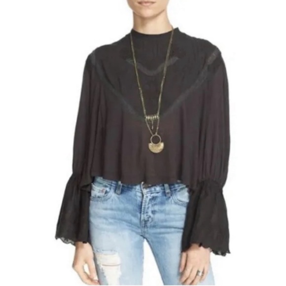 FREE PEOPLE Femme Fatale Blouse Embroidered Black Swing Bell Sleeves Scalloped - Picture 1 of 13